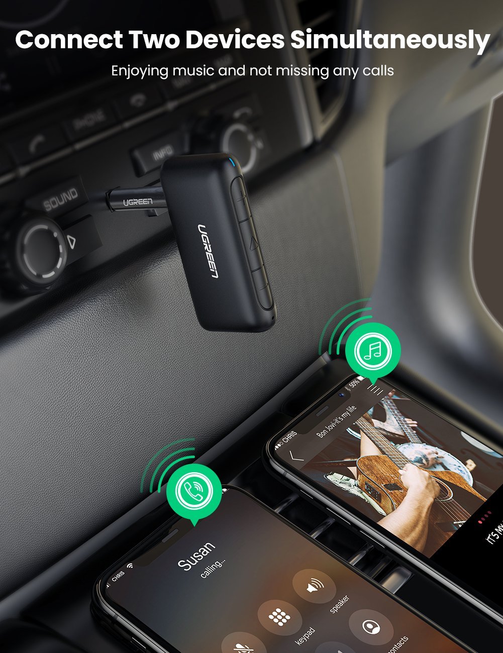 Ugreen Bluetooth Receiver 5.0 Car Adapter | Telefonati Kuwait